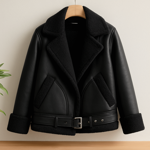 Chaqueta cinturón efecto cuero ovejera